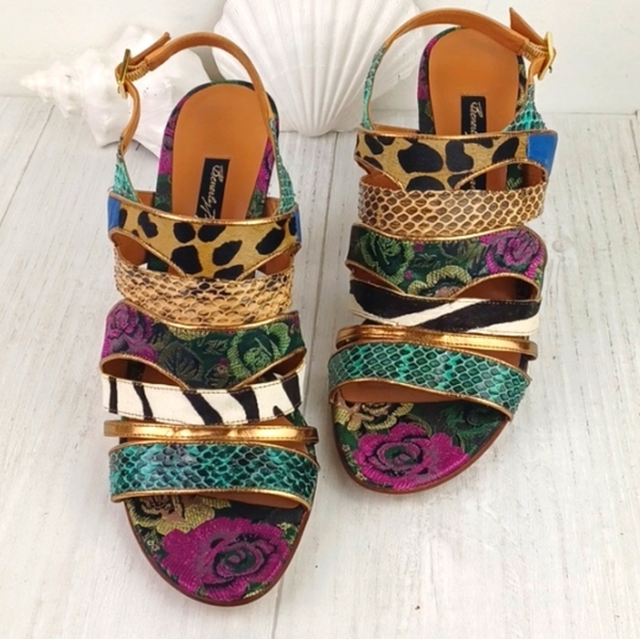 Beverly Feldman Shoes - Beverly Feldman Snakeskin Calf Hair Floral-Graphic Strappy Leather Sandal Heels